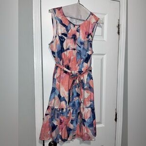 Women’s Chic Floral Midi Dress - Coral and Navy